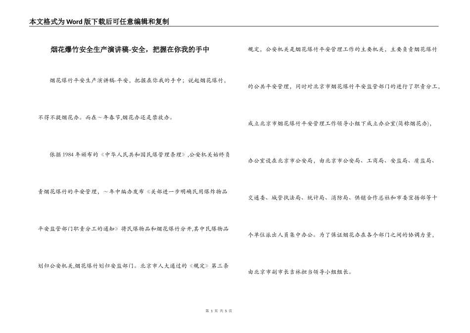 烟花爆竹安全生产演讲稿-安全，把握在你我的手中_第1页