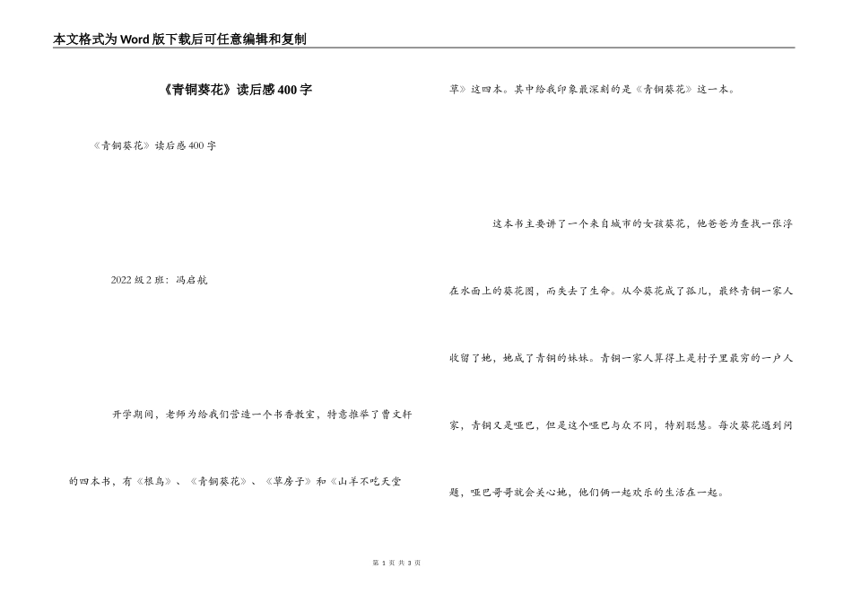 《青铜葵花》读后感400字_第1页