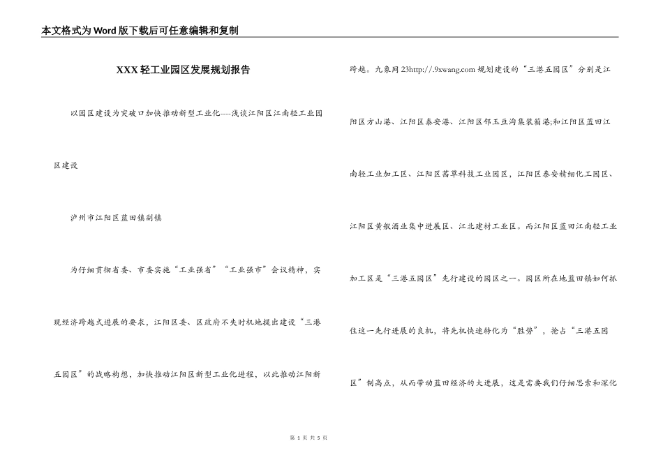 XXX轻工业园区发展规划报告_第1页