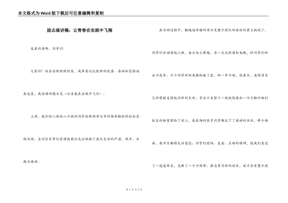 励志演讲稿：让青春在实践中飞翔_第1页
