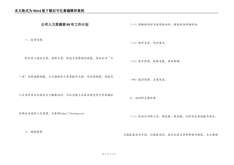 公司人力资源部09年工作计划_第1页