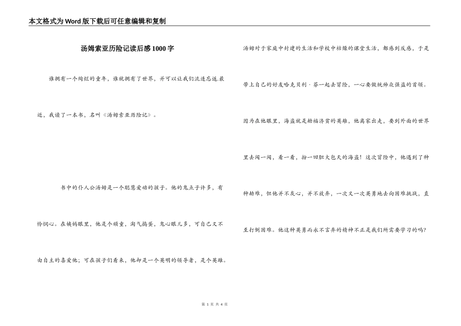 汤姆索亚历险记读后感1000字_第1页