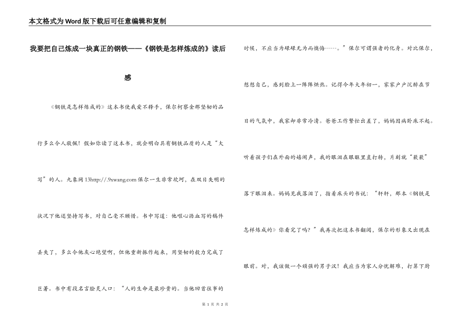 我要把自己炼成一块真正的钢铁——《钢铁是怎样炼成的》读后感_第1页
