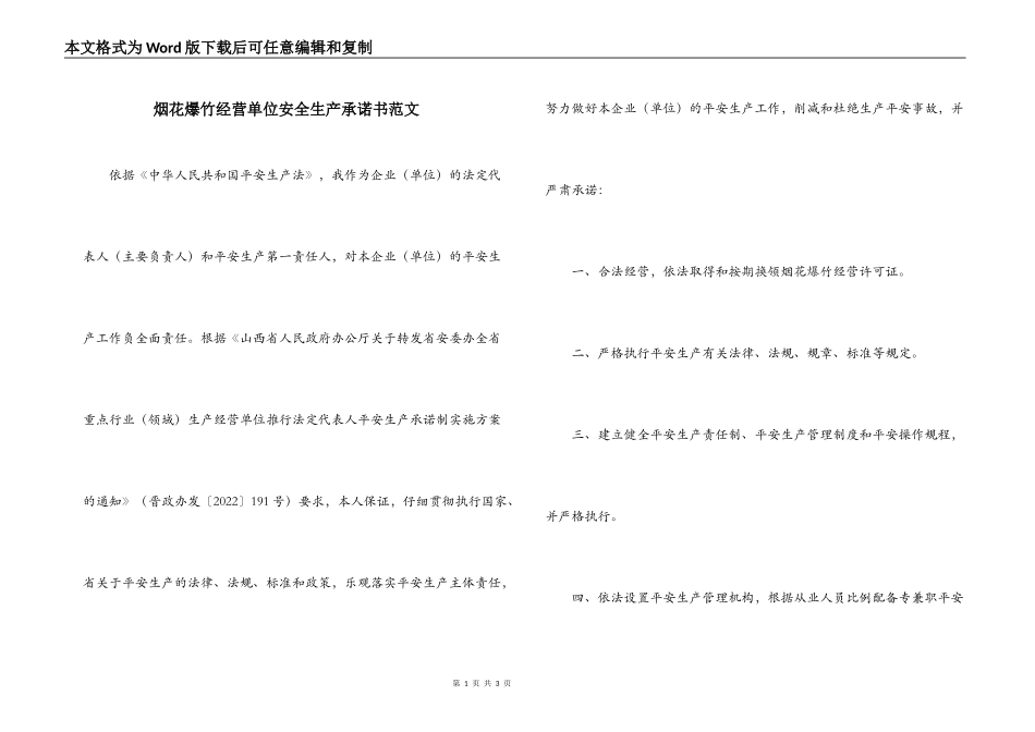 烟花爆竹经营单位安全生产承诺书范文_第1页