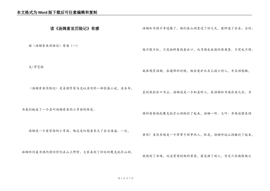 读《汤姆索亚历险记》有感_第1页