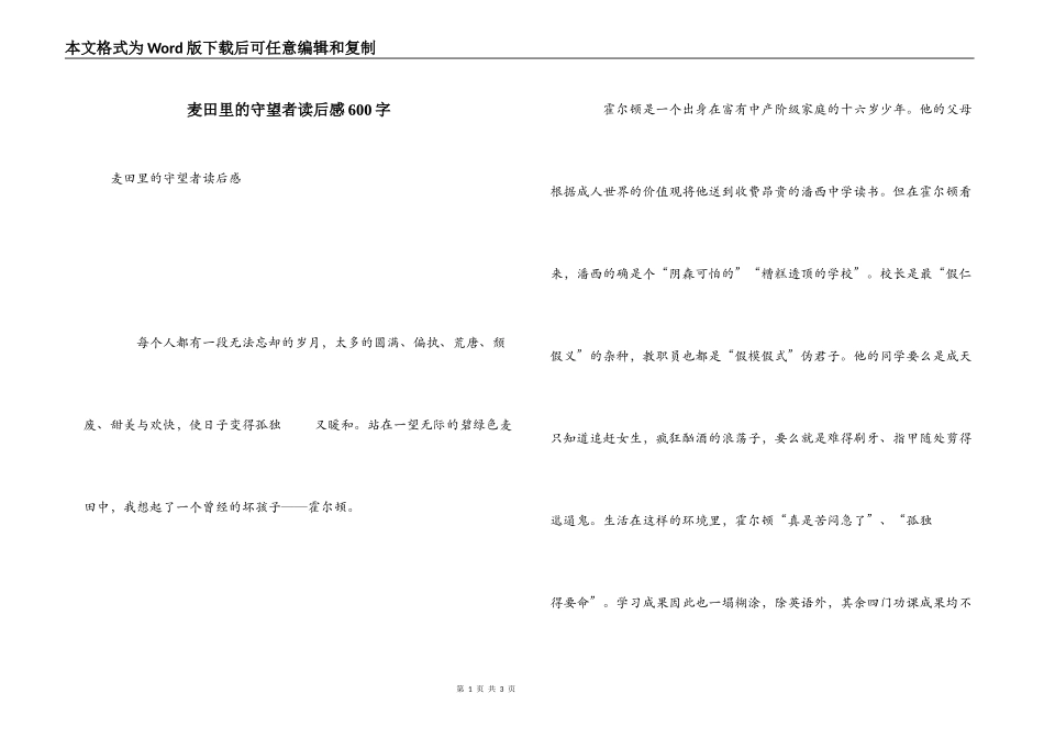 麦田里的守望者读后感600字_1_第1页