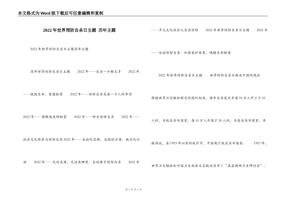 2022年世界预防自杀日主题 历年主题_第1页