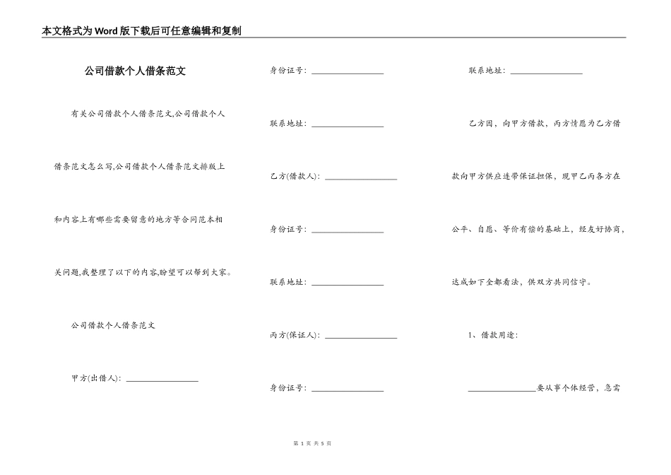 公司借款个人借条范文_第1页