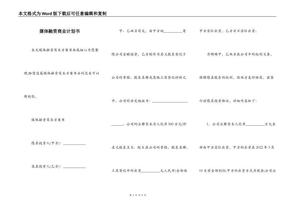 媒体融资商业计划书_第1页