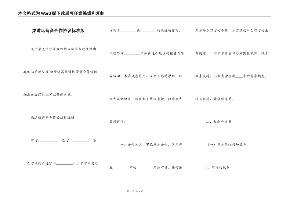 渠道运营商合作协议标准版_第1页