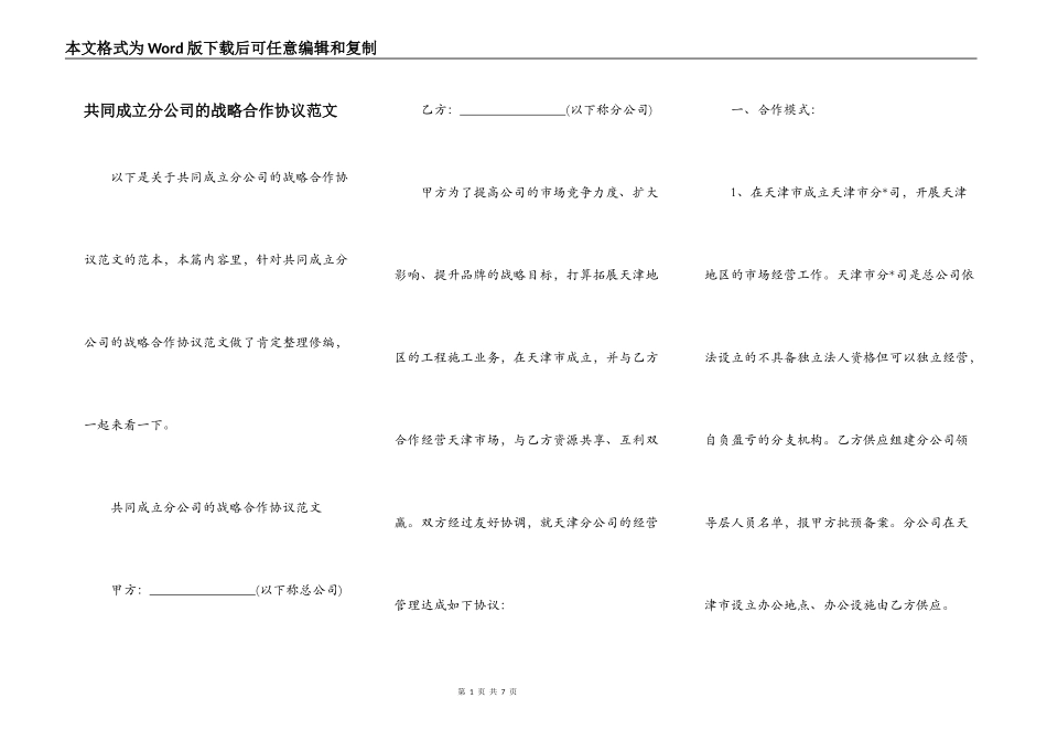 共同成立分公司的战略合作协议范文_第1页