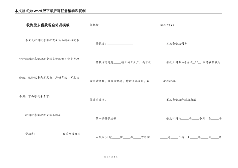 收到股东借款现金简易模板_第1页