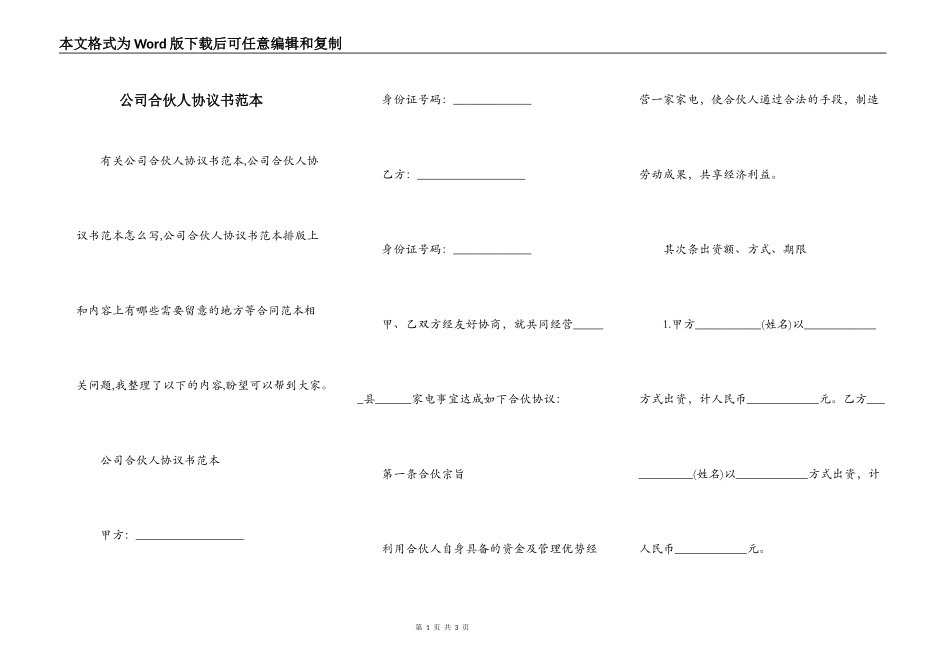 公司合伙人协议书范本_第1页