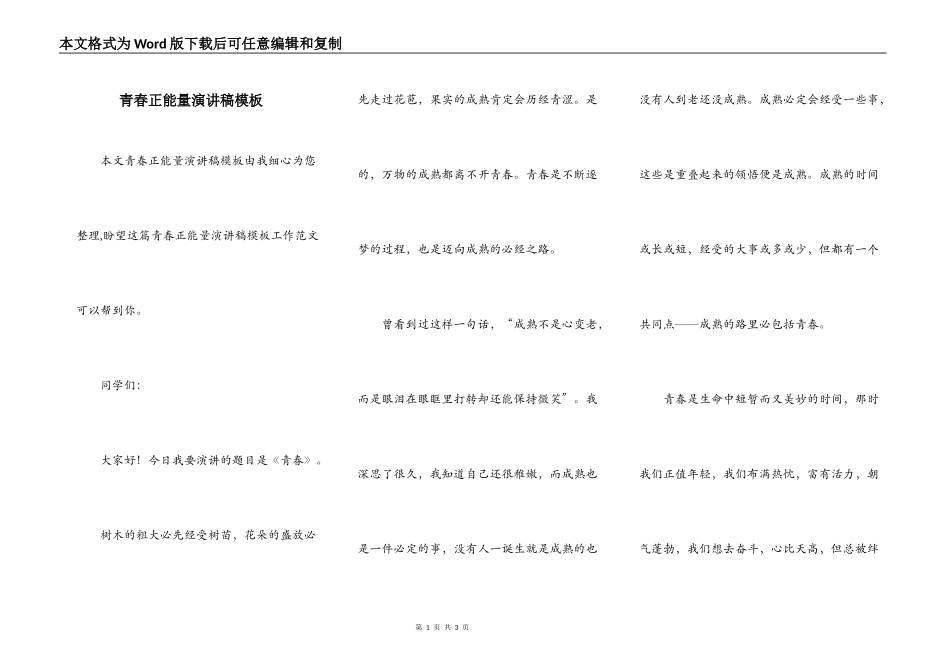 青春正能量演讲稿模板_第1页