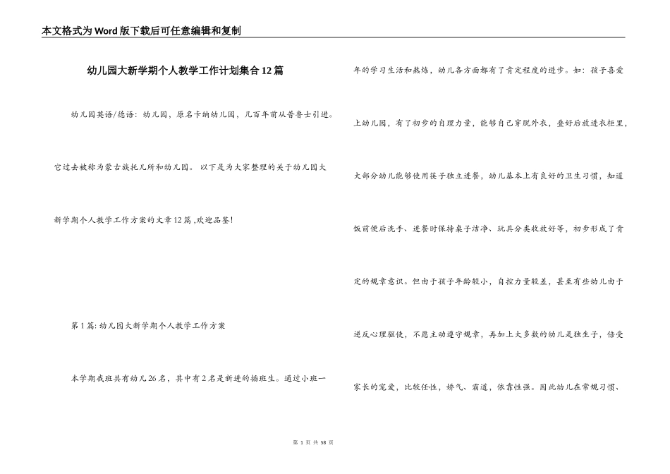 幼儿园大新学期个人教学工作计划集合12篇_第1页