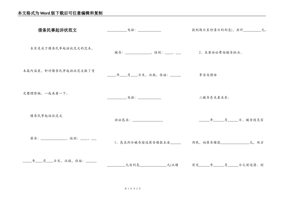 借条民事起诉状范文_第1页
