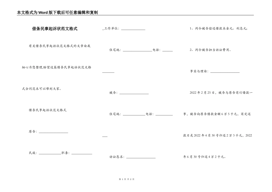 借条民事起诉状范文格式_第1页