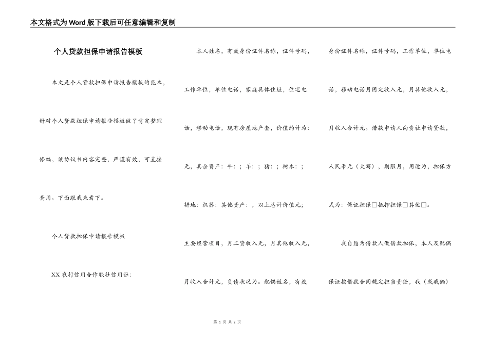 个人贷款担保申请报告模板_第1页