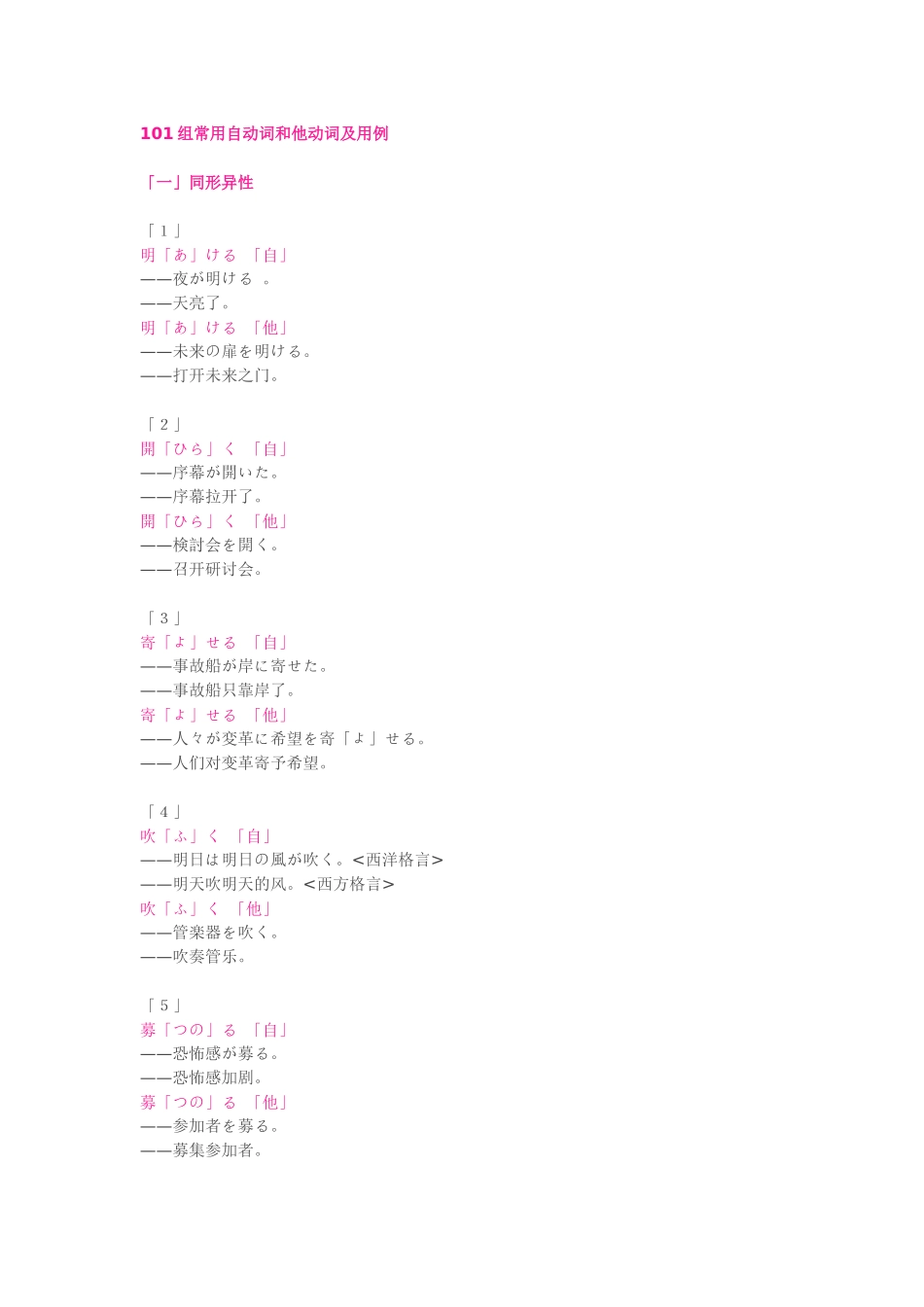 101组常用自动词和他动词及用例 日语_第1页