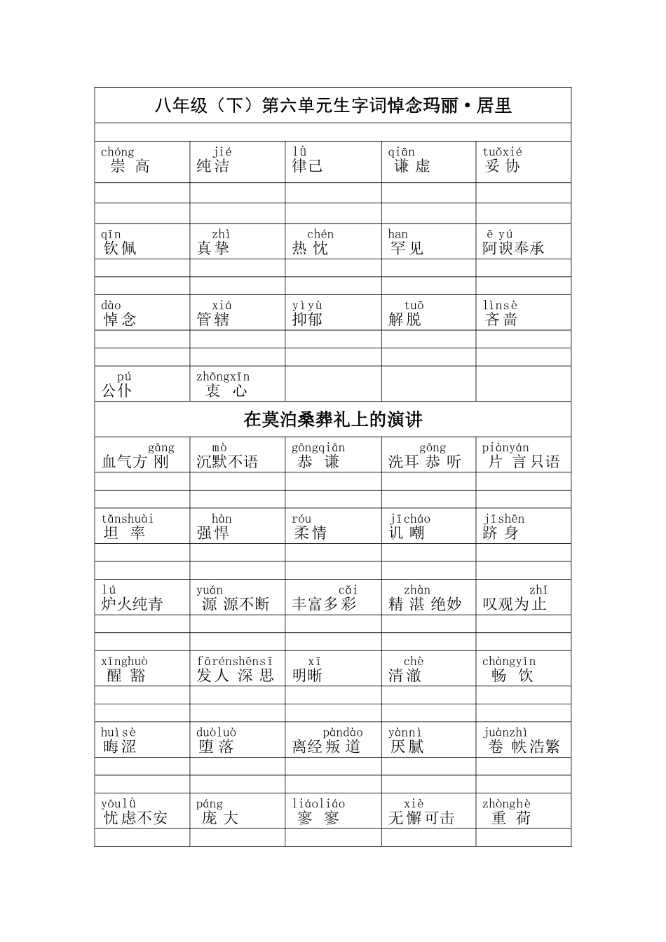 八年级（下）第六单元生字词悼念玛丽·居里_第1页