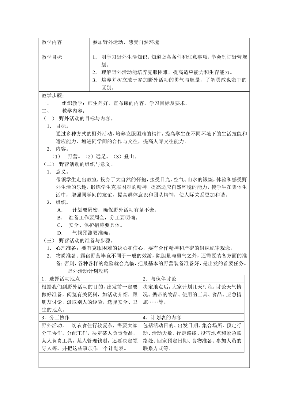 参加野外运动、感受自然环境 教学设计_第1页