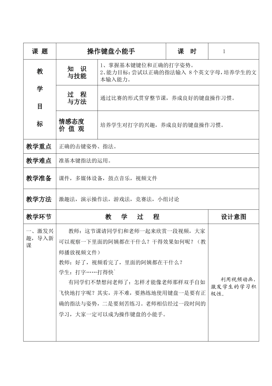 操作键盘小能手 教学设计_第1页