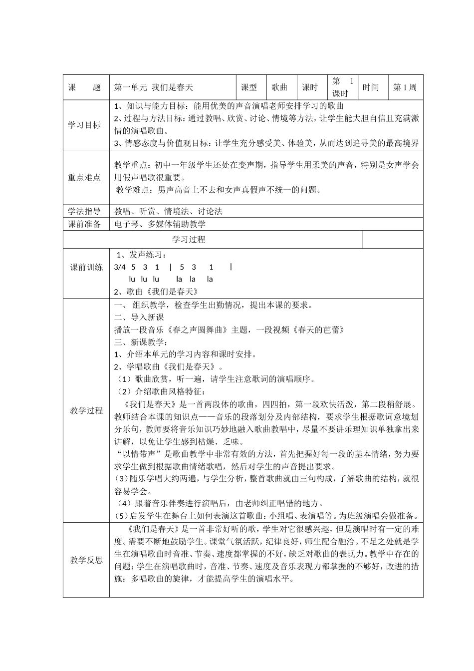 第一单元 我们是春天 教学设计_第1页