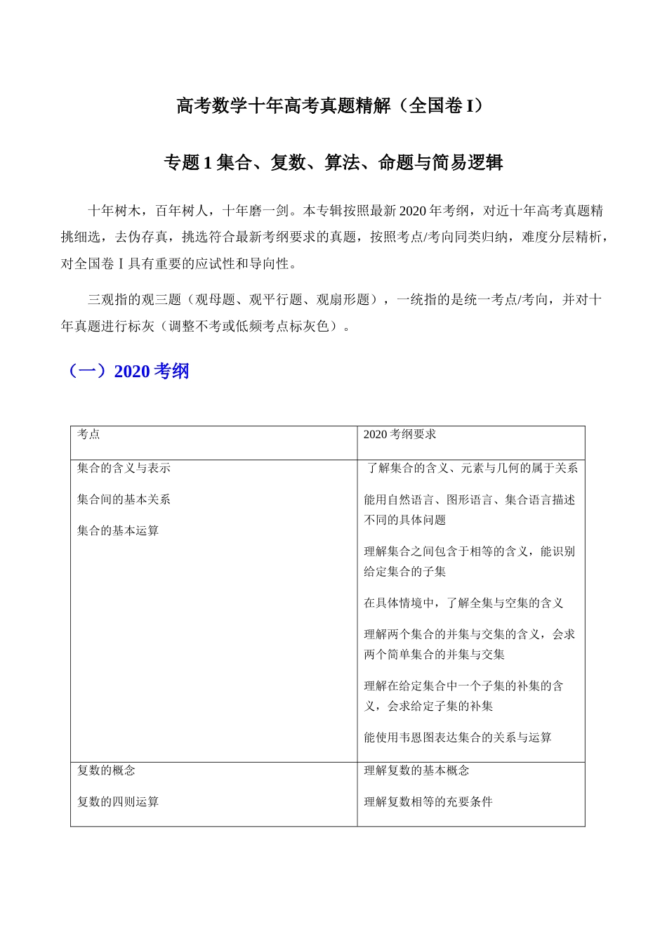 高考数学十年高考真题精解（全国卷I）专题1 集合、复数、算法、命题与简易逻辑_第1页