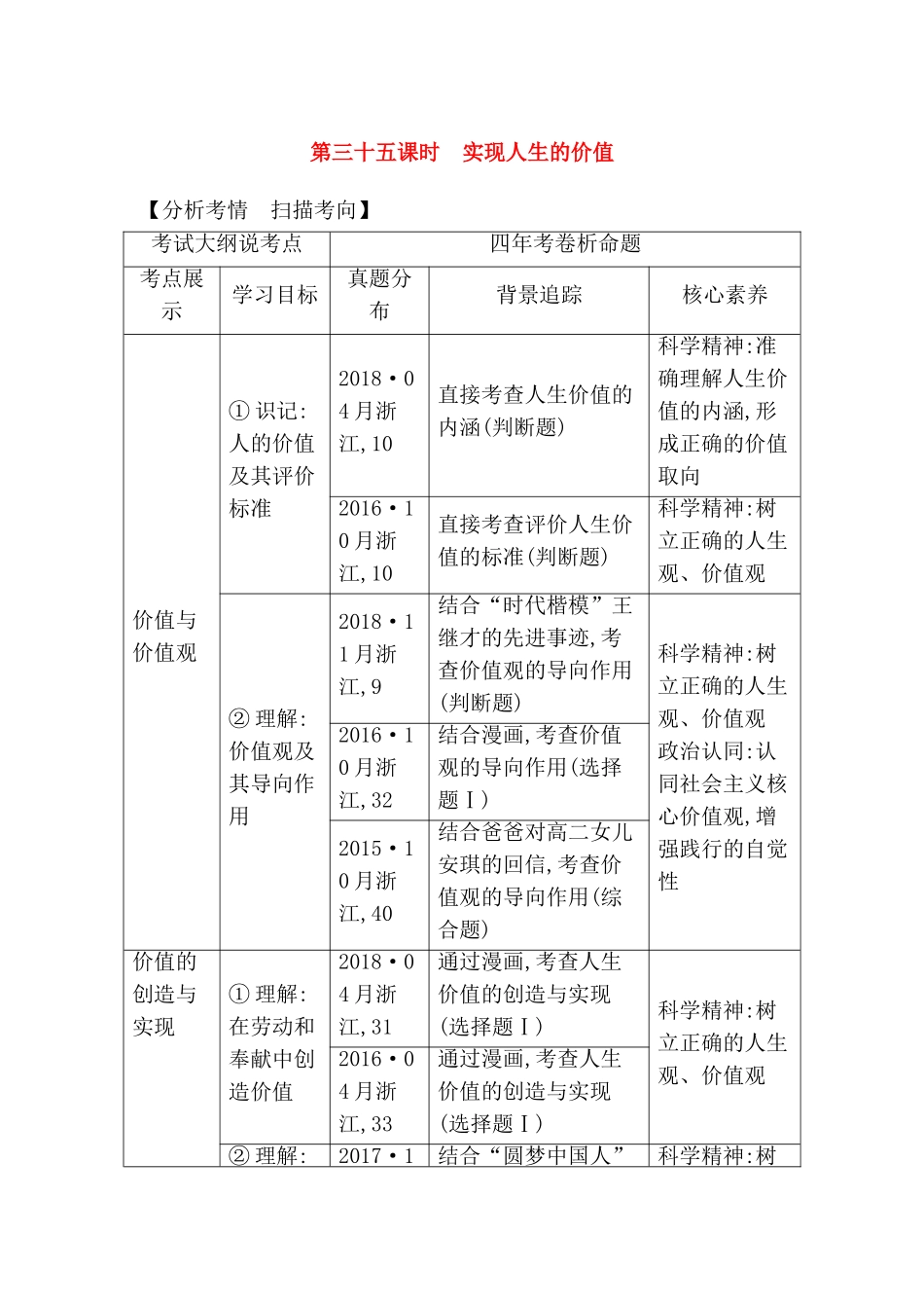 第三十五课时实现人生的价值 教学设计_第1页