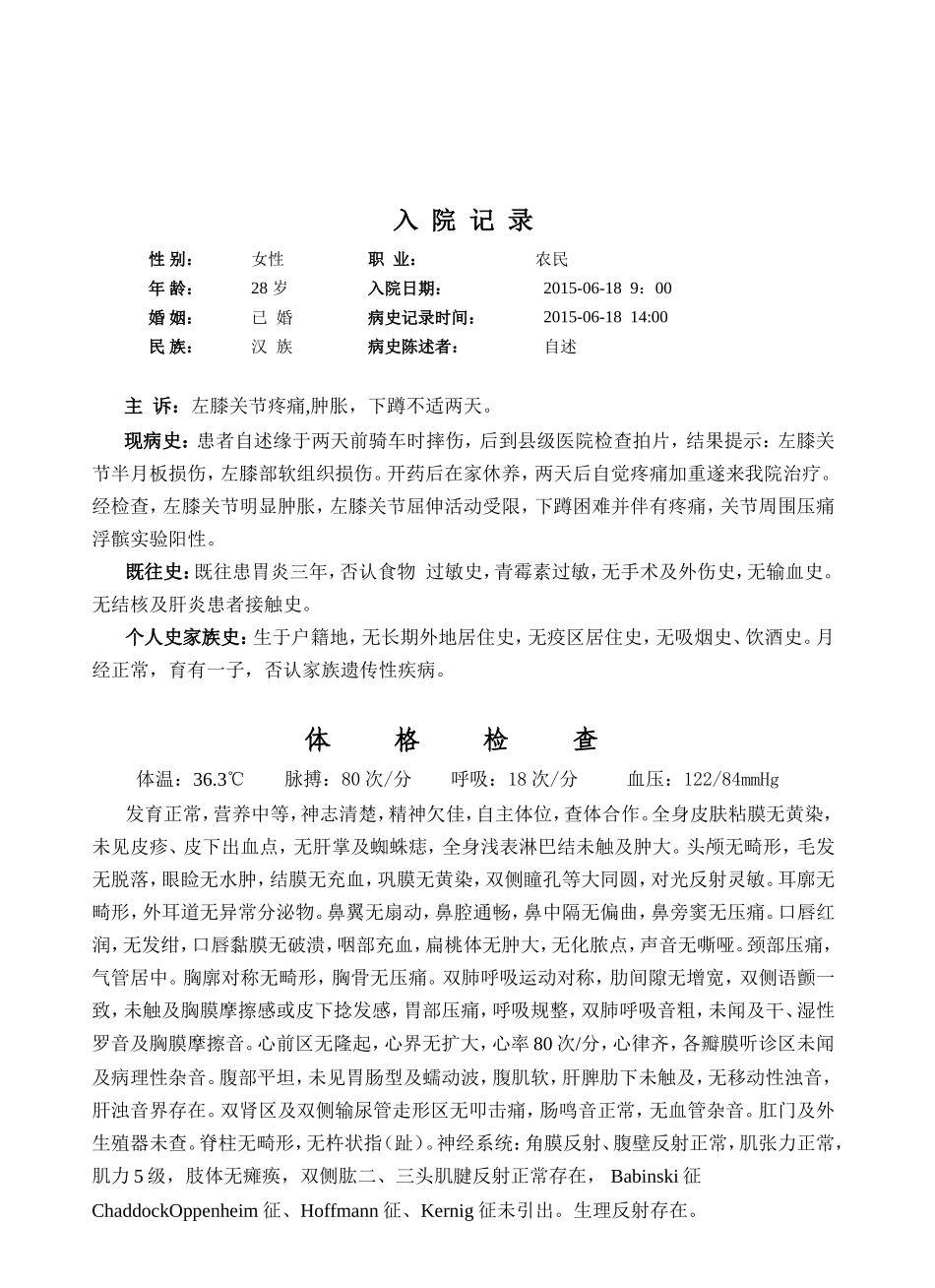 左膝关节疼痛患者入院记录_第1页