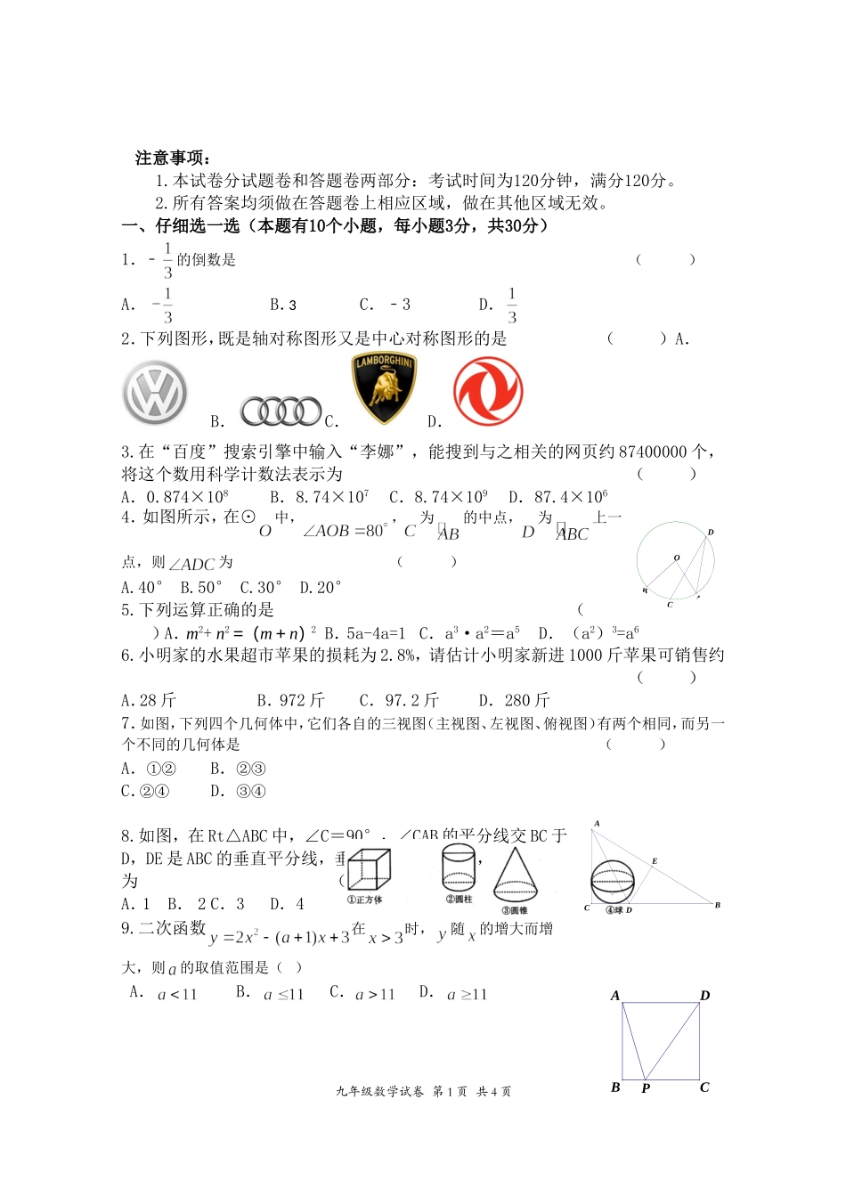 2024年黄石市中考数学模拟试题_第1页