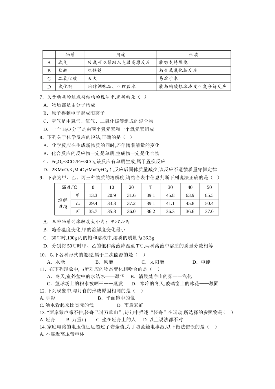 2024年贵州省铜仁市初中毕业生学业（升学）统一考试 理科综合试题_第2页