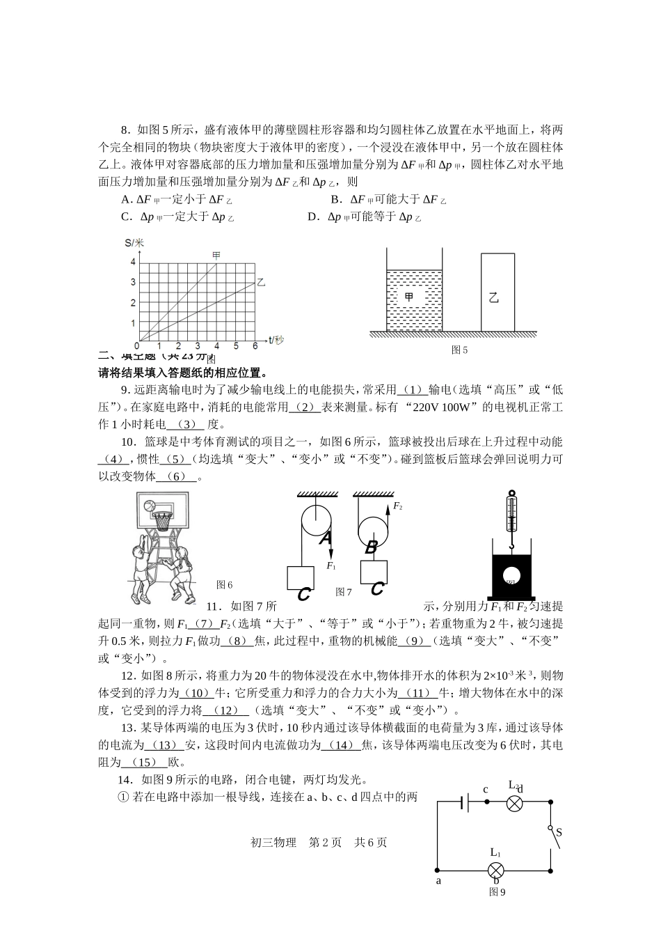 2024年松江区初中毕业生学业模拟考试 初三理化_第2页