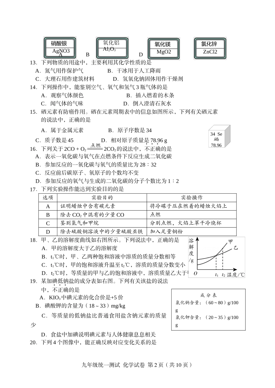 北京市西城区2024年九年级统一测试化学试卷_第2页