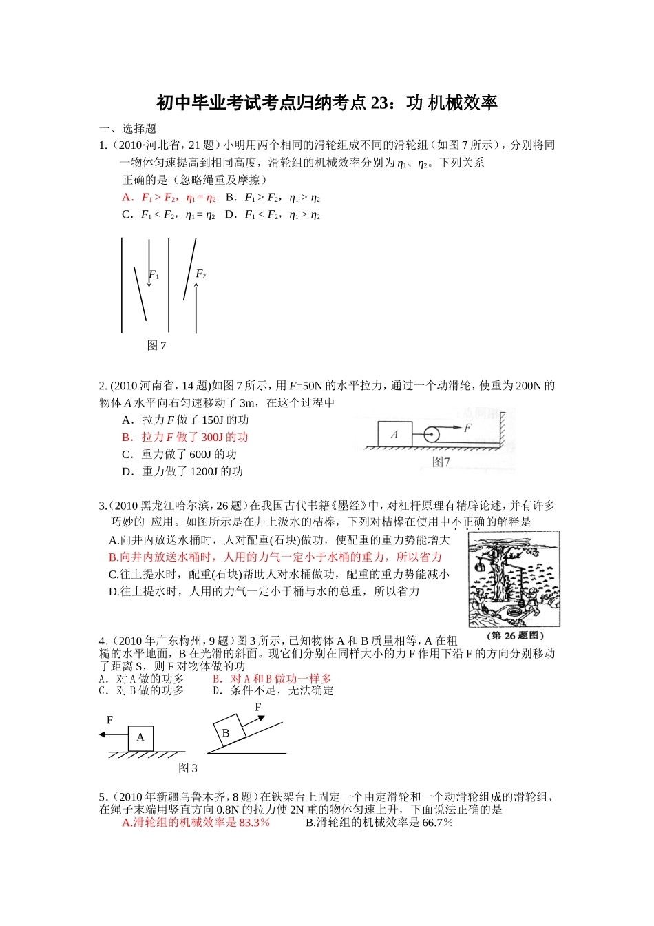初中毕业考试考点归纳考点功机械效率测试练习题_第1页