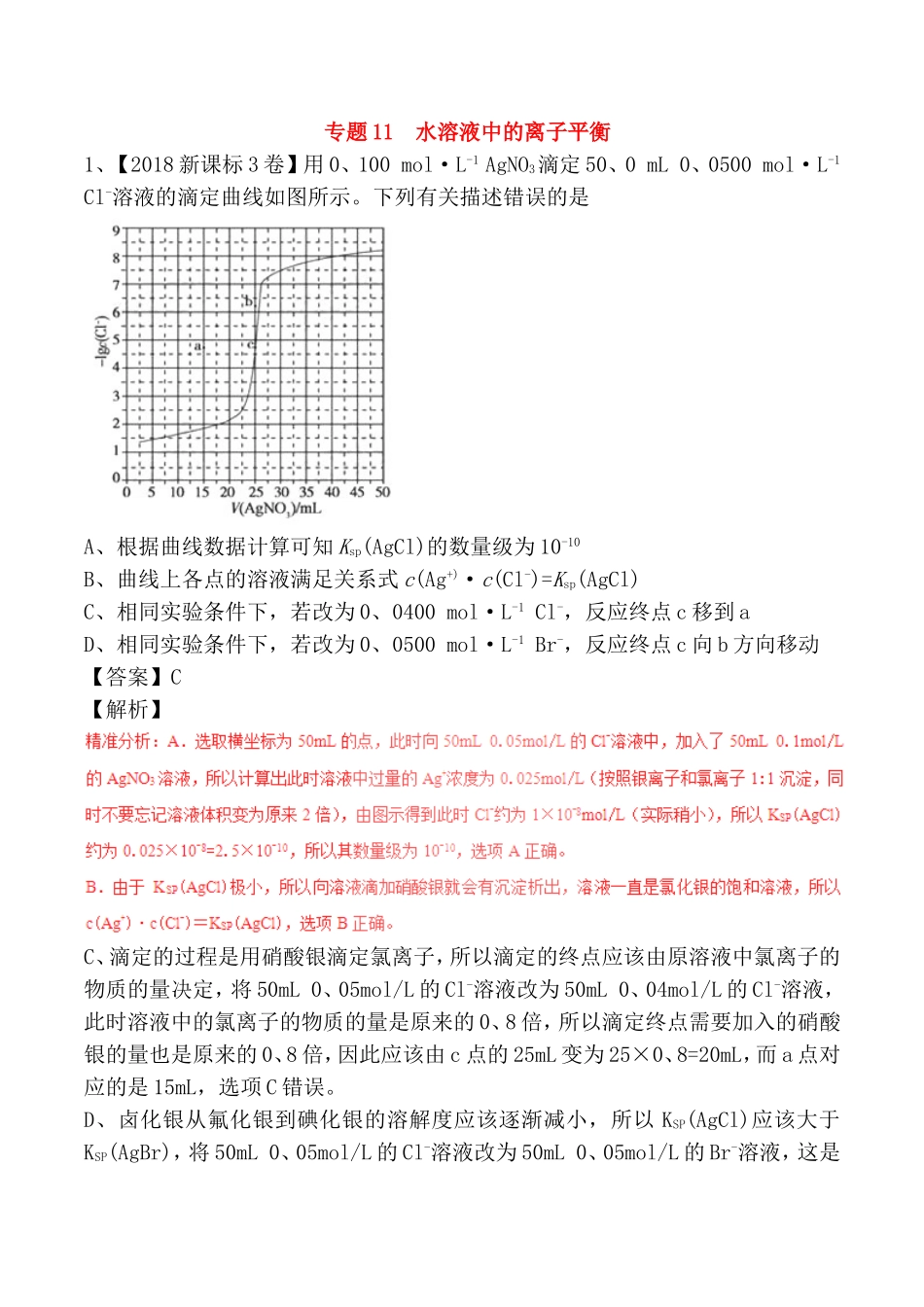高考化学复习专题11水溶液中的离子平衡测试题_第1页
