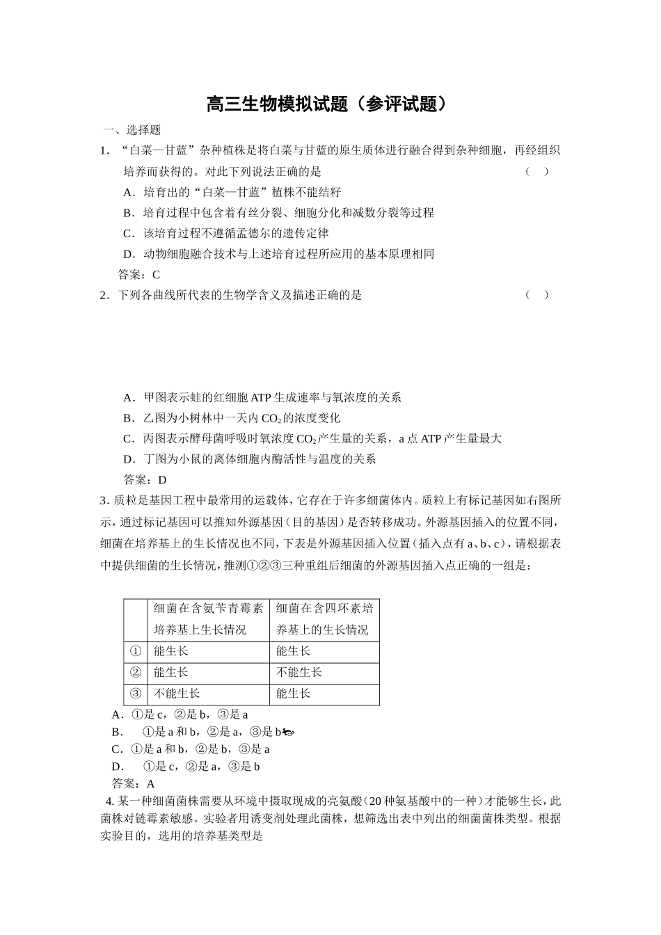 高三生物模拟试题（参评试题）_第1页
