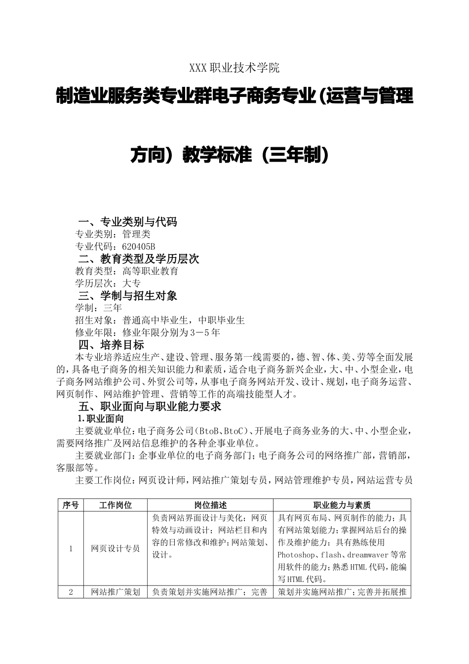 XXX职业技术学院制造业服务类专业群电子商务专业（运营与管理方向）教学标准（三年制）_第1页