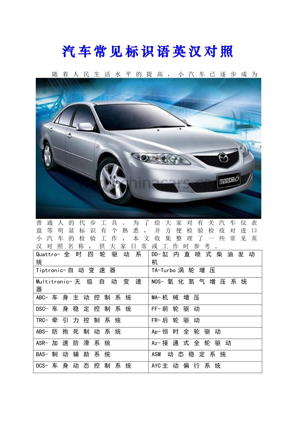 汽车常见标识语英汉对照_第1页