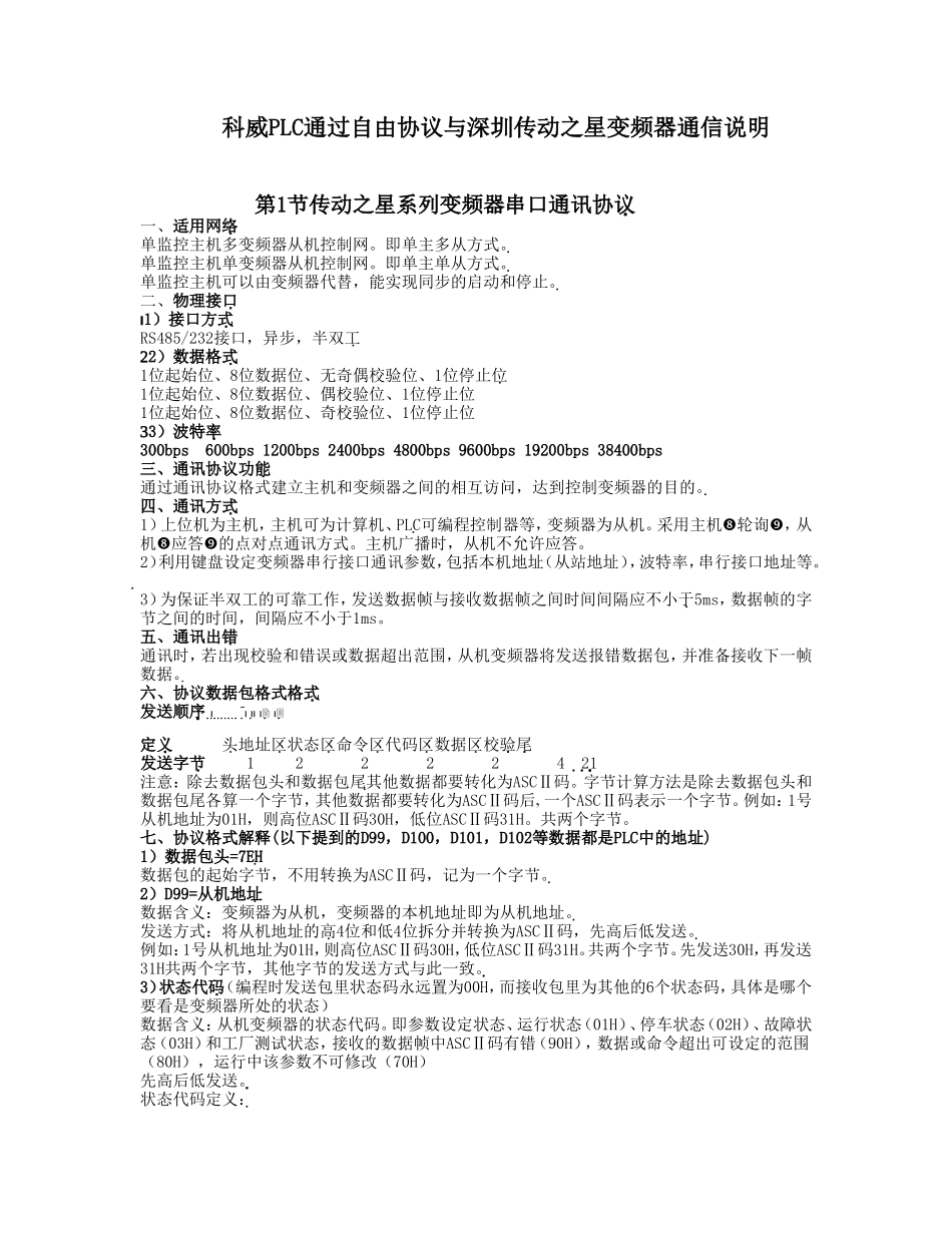科威PLC通过自由协议与深圳传动之星变频器通信说明_第1页