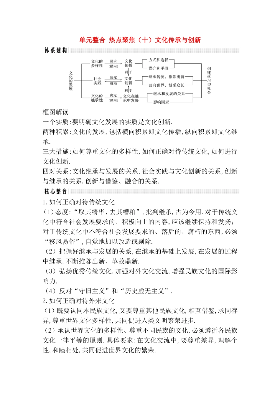 单元整合热点聚焦 文化传承与创新测试练习题_第1页