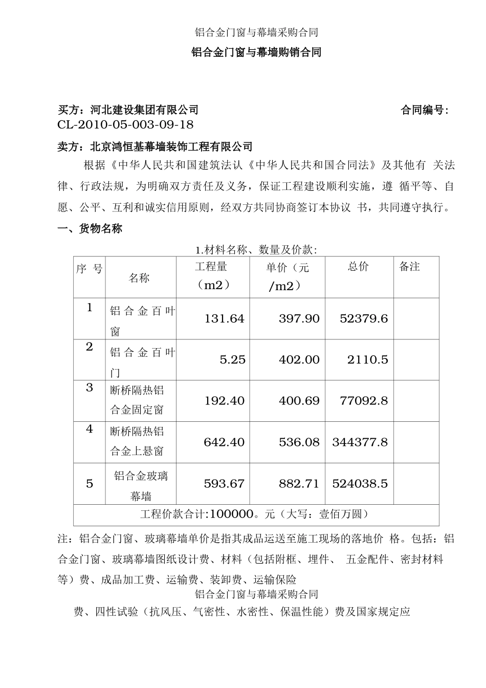 铝合金门窗与幕墙采购合同_第1页