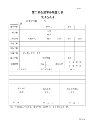 施工安全监督备案登记表