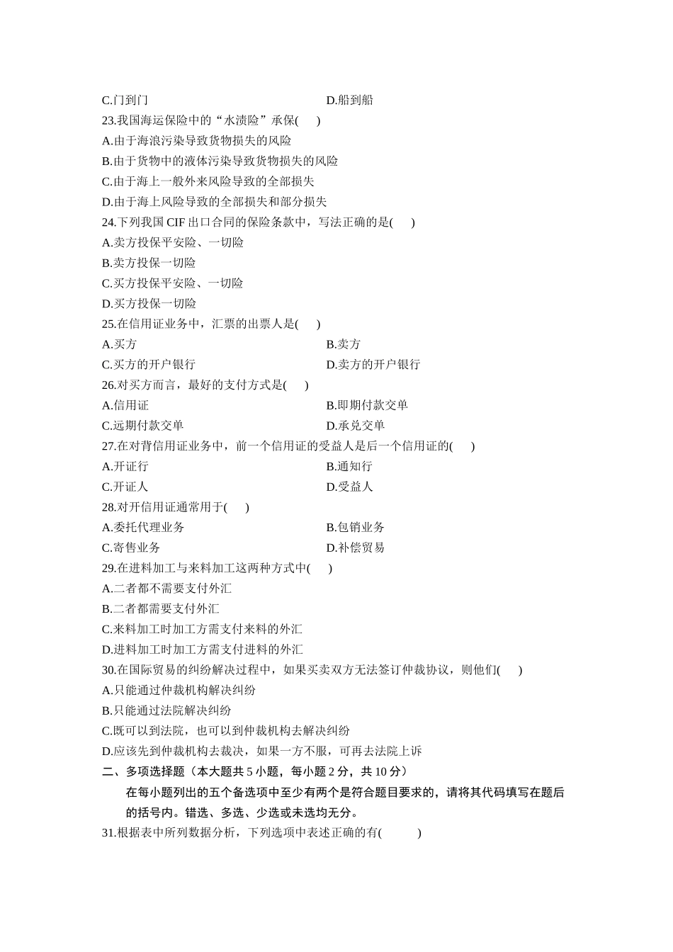全国2024年10月自学考试国际贸易理论与实务试题_第3页