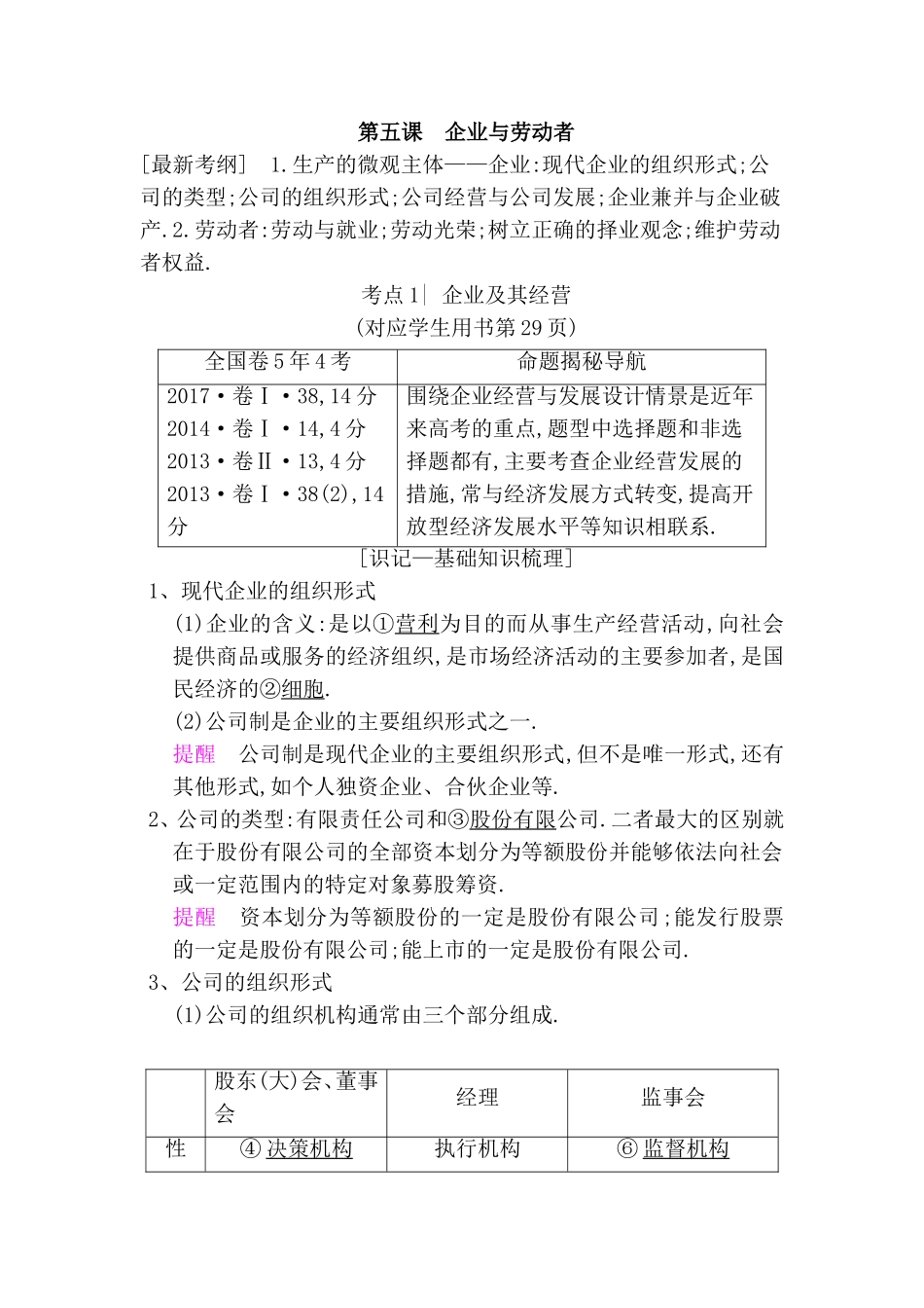 第五课企业与劳动者知识点梳理汇总_第1页