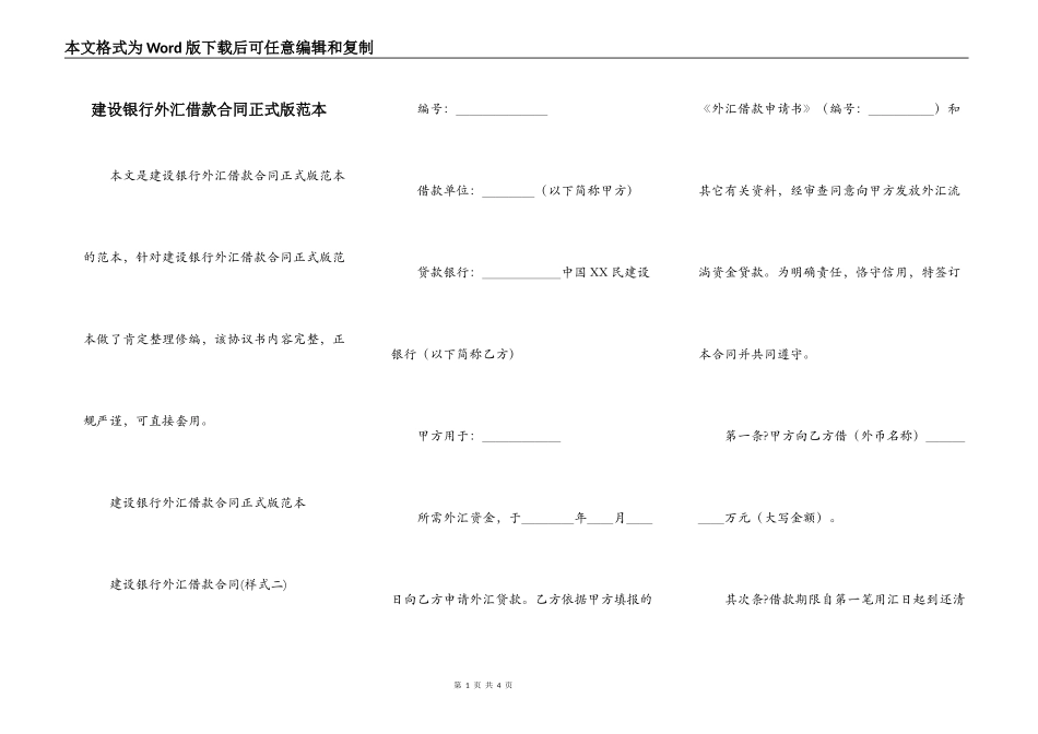 建设银行外汇借款合同正式版范本_第1页