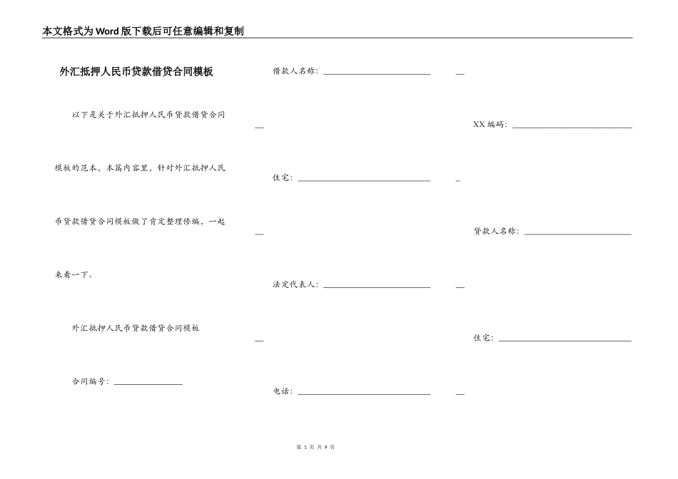 外汇抵押人民币贷款借贷合同模板_第1页