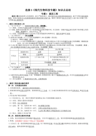 选修3《现代生物科技专题》知识点总结