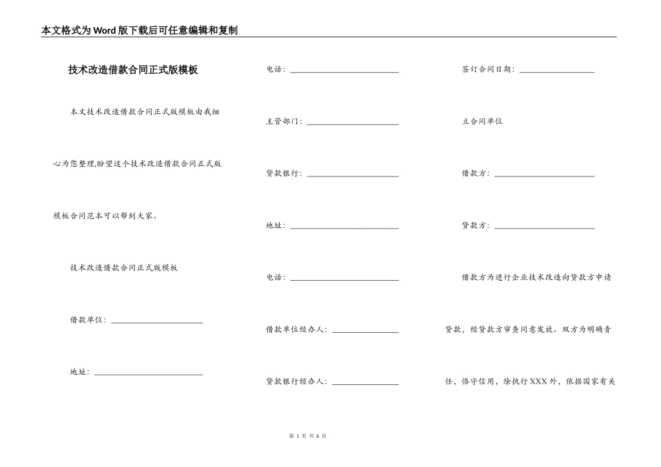技术改造借款合同正式版模板_第1页