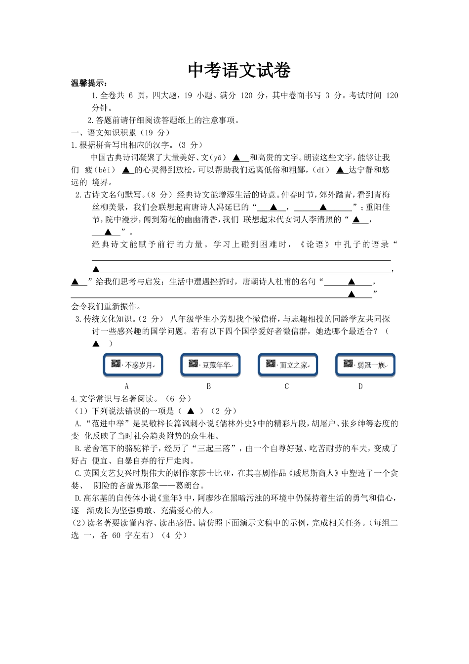 中考语文测试：浙江省嘉兴市中考语文模拟试卷_第1页